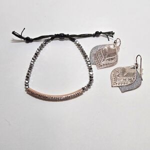 Rose Gold Cubic Zirconia Bracelet AB Beads Adjustable Two Tone Dangle Earrings